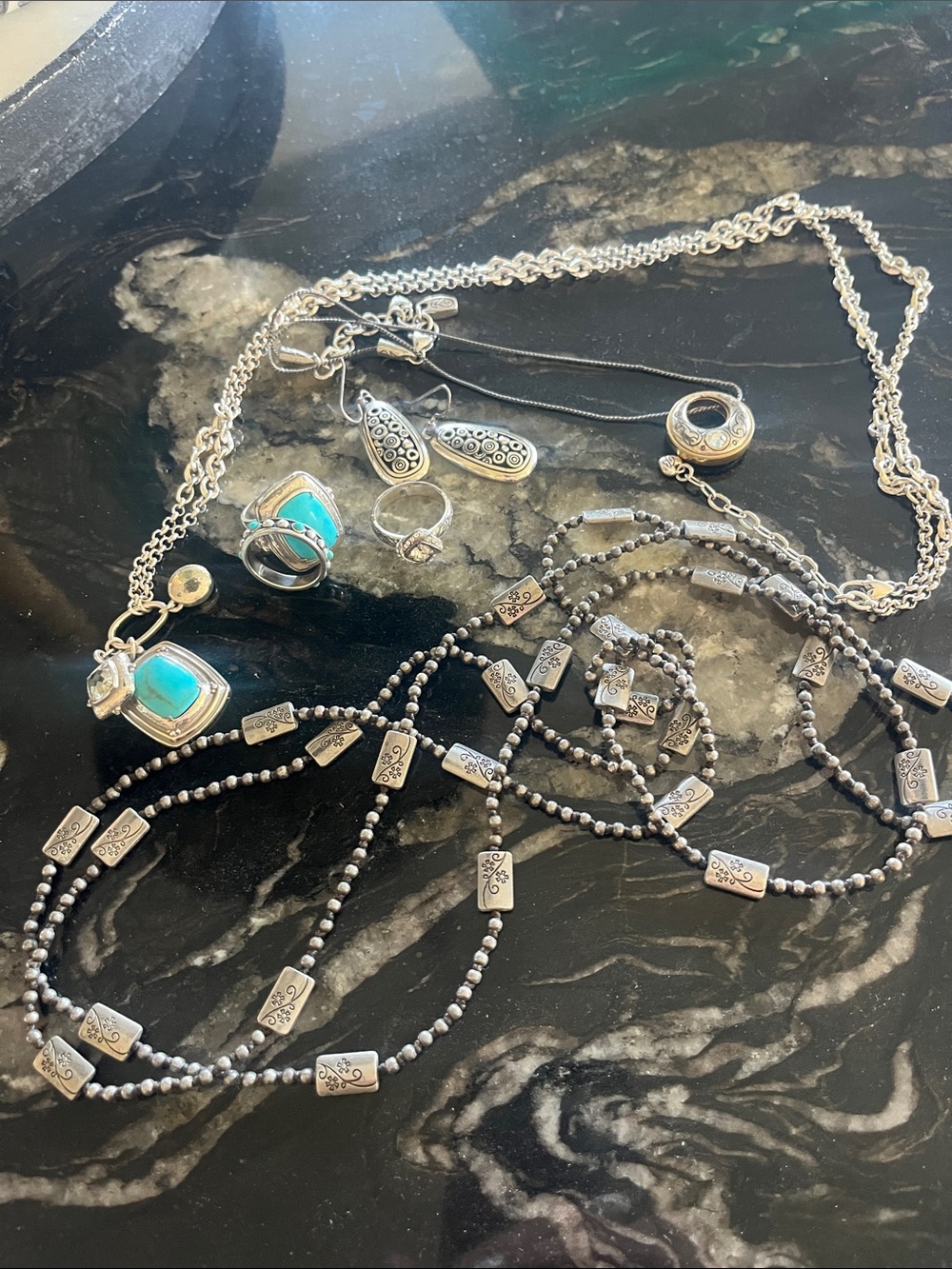 Brighton Silver Necklace Set with Turquoise Accents .
